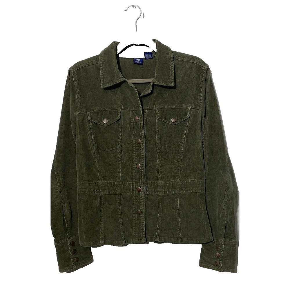 Womens Olive Green Corduroy Button-Front Jacket Size M/L BOHO Casual Stretch